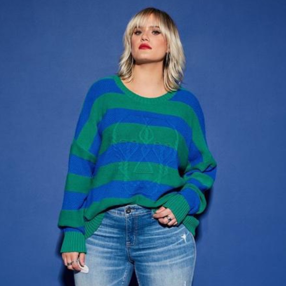 Torrid Lovesick Blue and Green Striped Skull Sweater Size 0